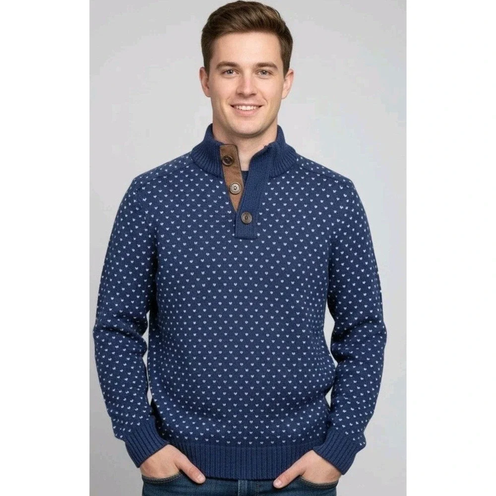 Blue Birdseye Cashmere Sweater Men's Sz S Buttons Mock Neck Pullover Knit Preppy